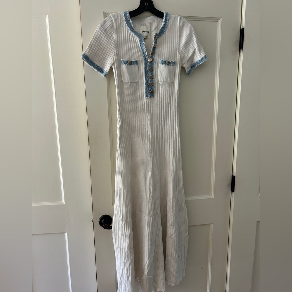 Sandro White Maxi Dress with Light Blue Trim